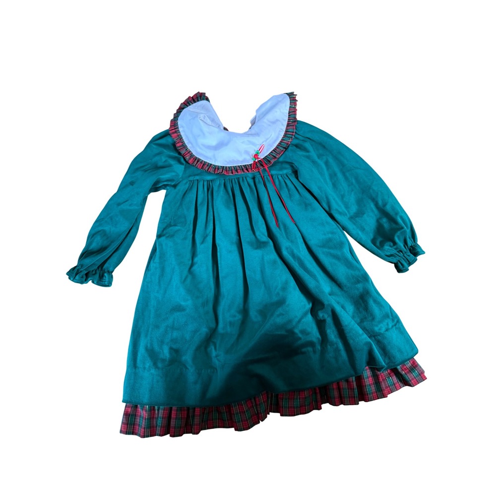 Bryan & Co Vintage Girls Green Holiday Dress Plaid Trim Christmas Size 6X